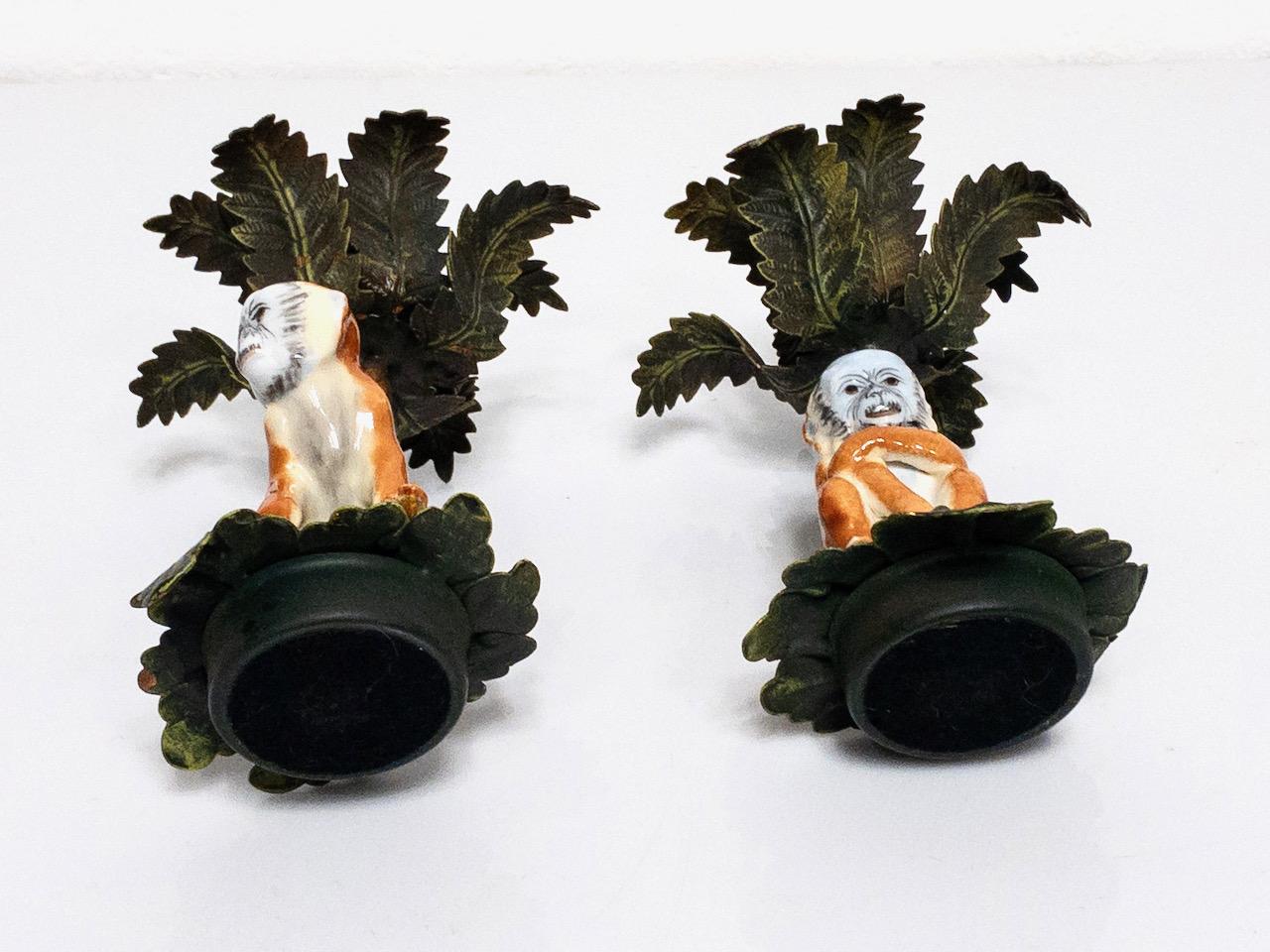 Vintage Palm Tree Candle Holders With Porcelain Hand Painted Monkeys, a Pair