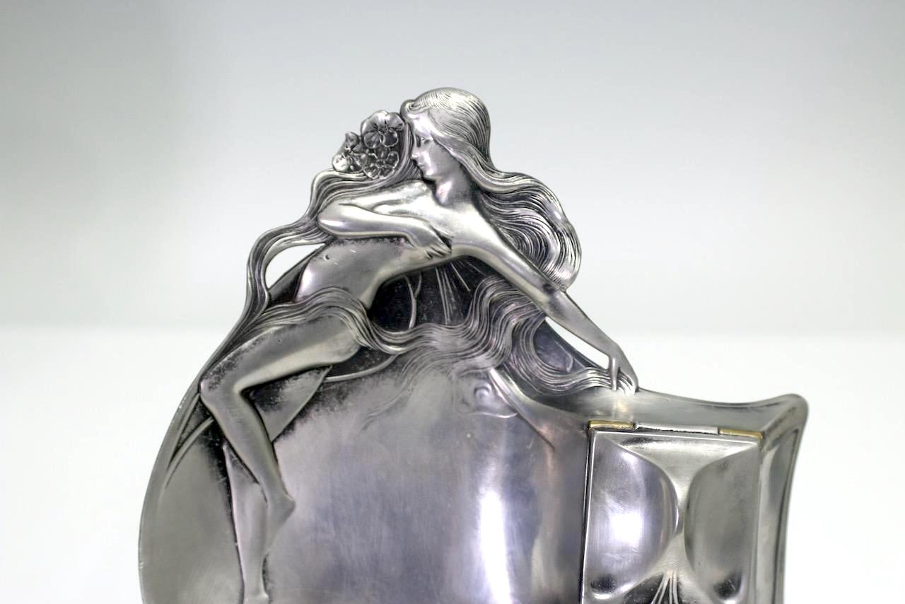 Antique Wmf Art Nouveau Lady in Repose Inkwell, Wurttembergische Metallwarenfabrik, C1900