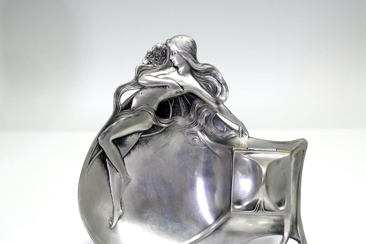 Antique Wmf Art Nouveau Lady in Repose Inkwell, Wurttembergische Metallwarenfabrik, C1900