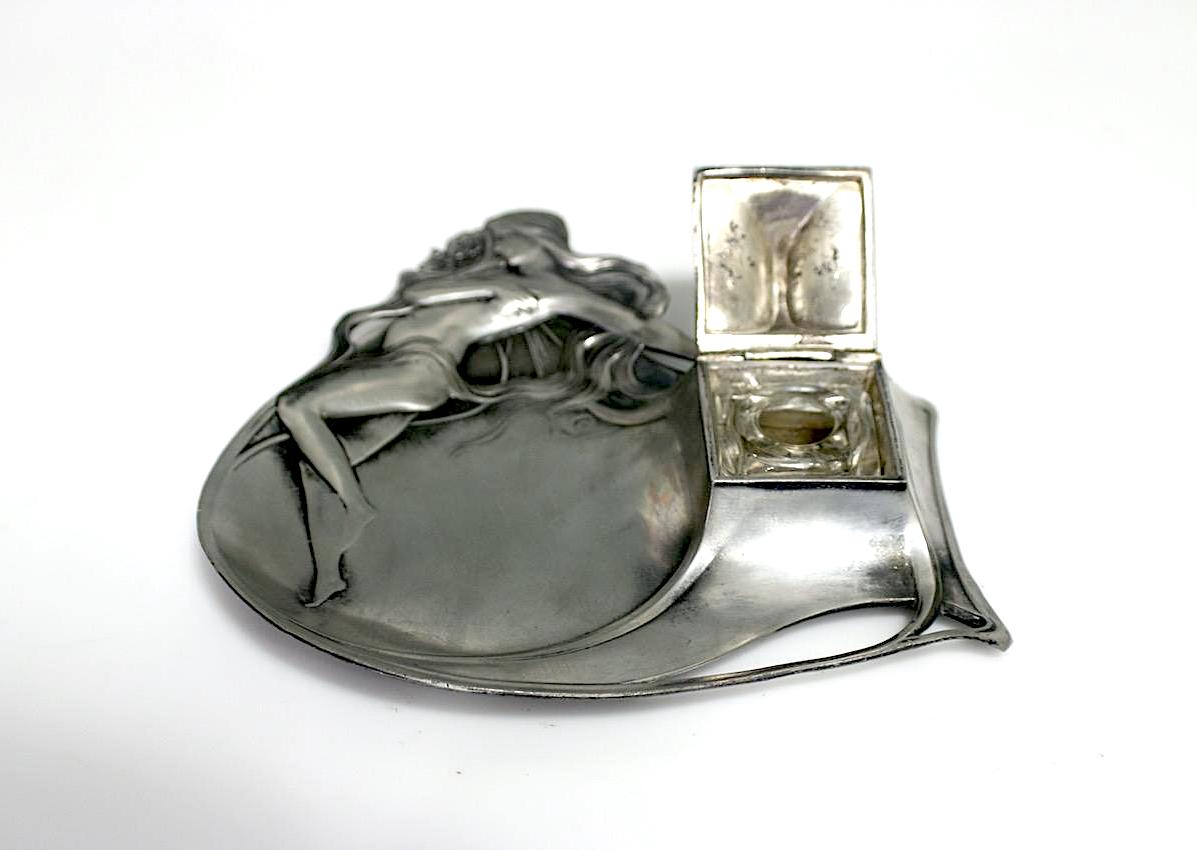 Antique Wmf Art Nouveau Lady in Repose Inkwell, Wurttembergische Metallwarenfabrik, C1900