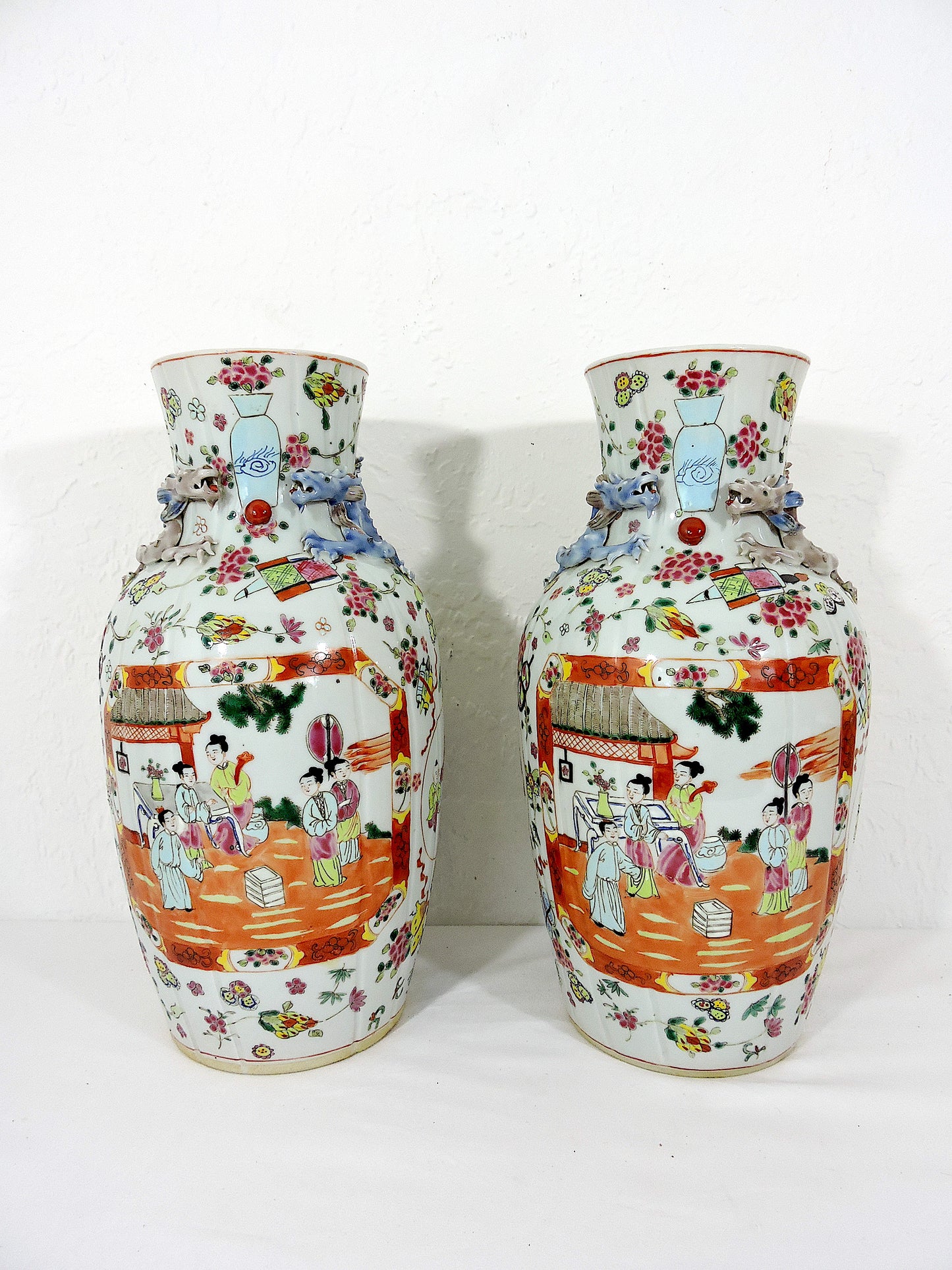 Antique White Porcelain Chinese "Linen Fold" Famille Rose Vases, With Chimera, Republic Period, a Pair