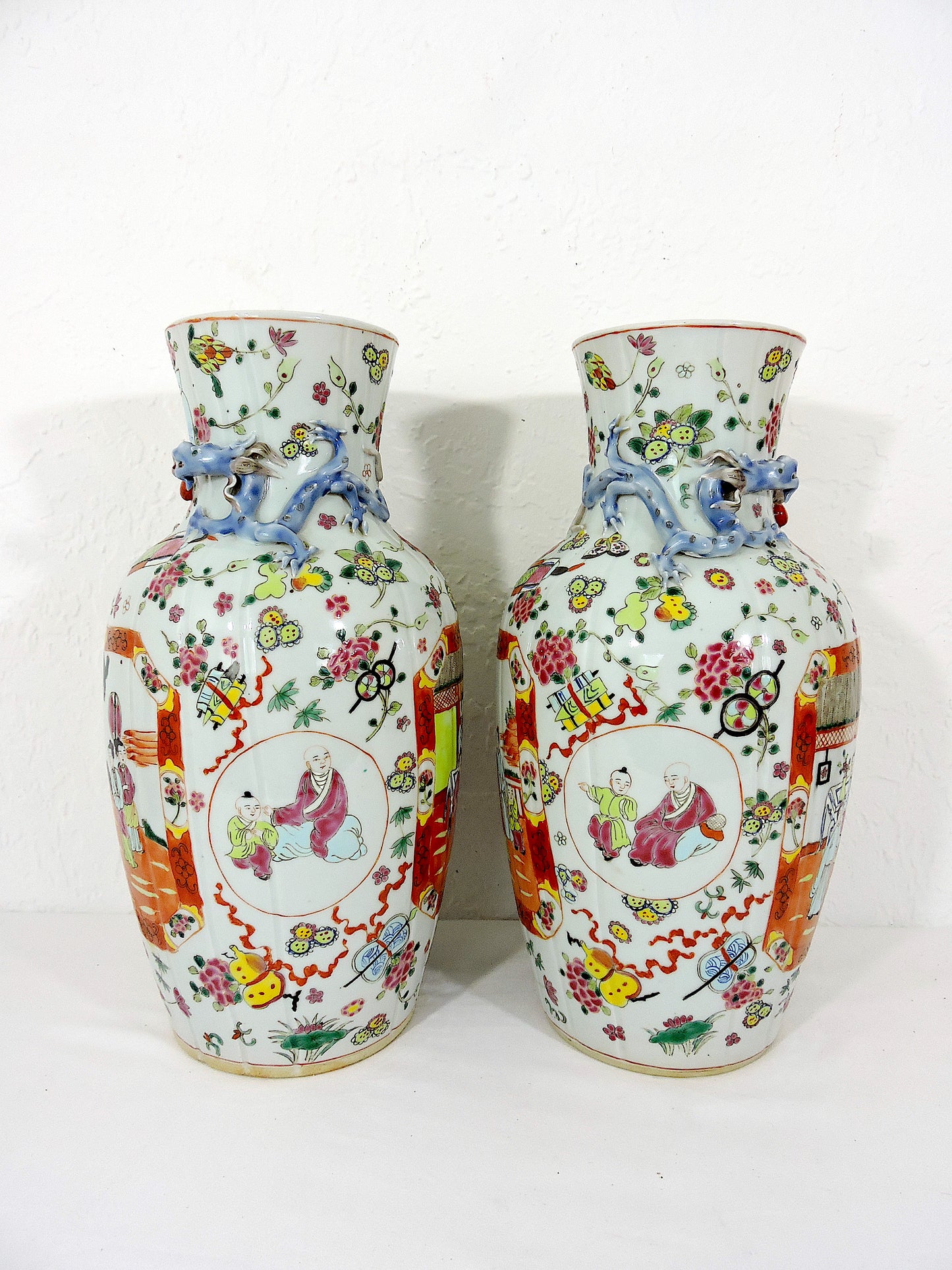 Antique White Porcelain Chinese "Linen Fold" Famille Rose Vases, With Chimera, Republic Period, a Pair