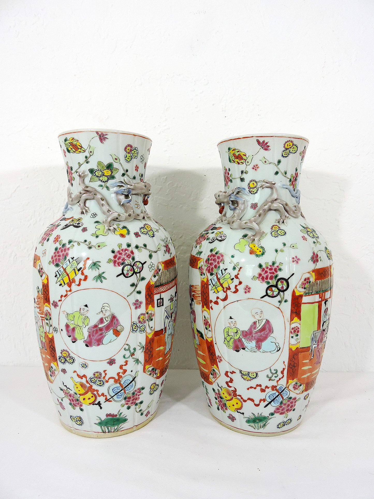 Antique White Porcelain Chinese "Linen Fold" Famille Rose Vases, With Chimera, Republic Period, a Pair