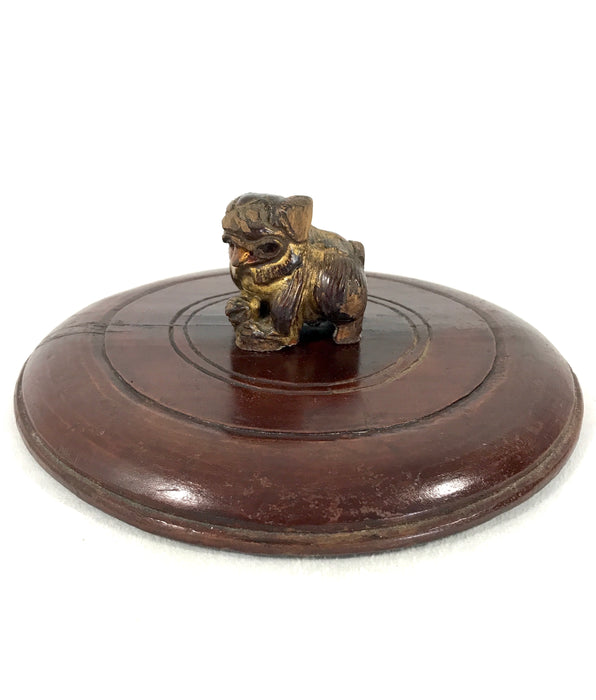 Antique Late Qing Dynasty Chinese Carved Wood Storage Box With Foo Dog Finial, Signed