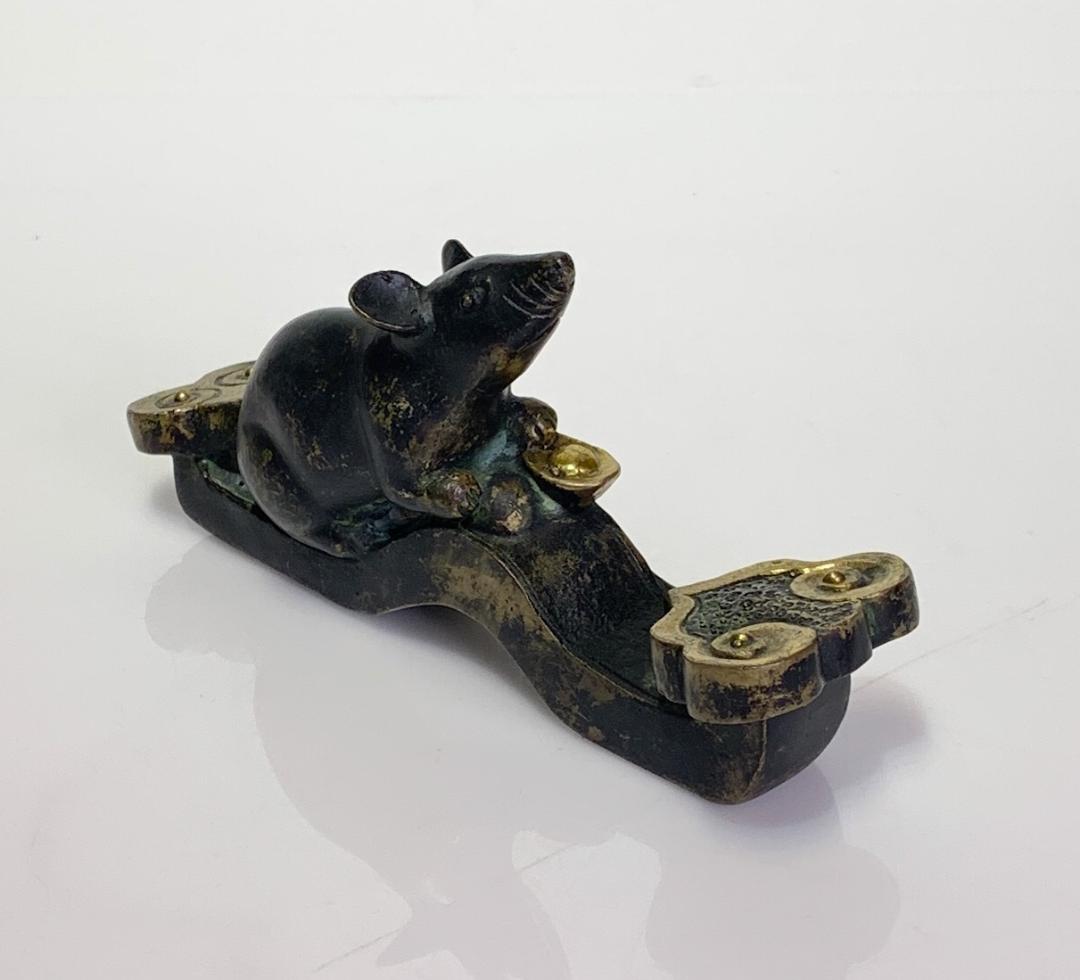 Early 20th Century Antique Chinese Bronze Rat on Ruyi Sceptre With Gold Ingot (Statue)