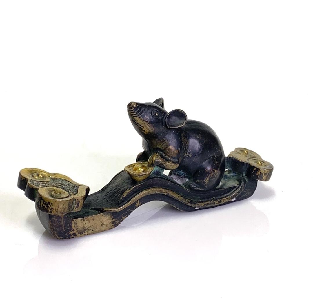 Early 20th Century Antique Chinese Bronze Rat on Ruyi Sceptre With Gold Ingot (Statue)