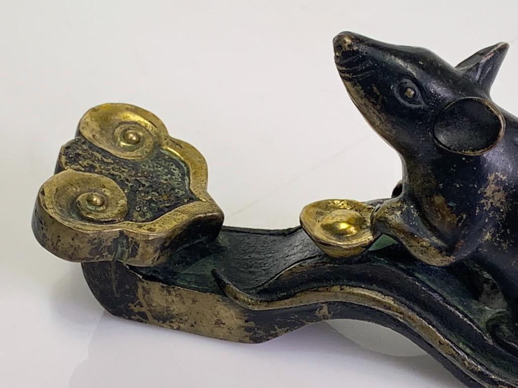 Early 20th Century Antique Chinese Bronze Rat on Ruyi Sceptre With Gold Ingot (Statue)