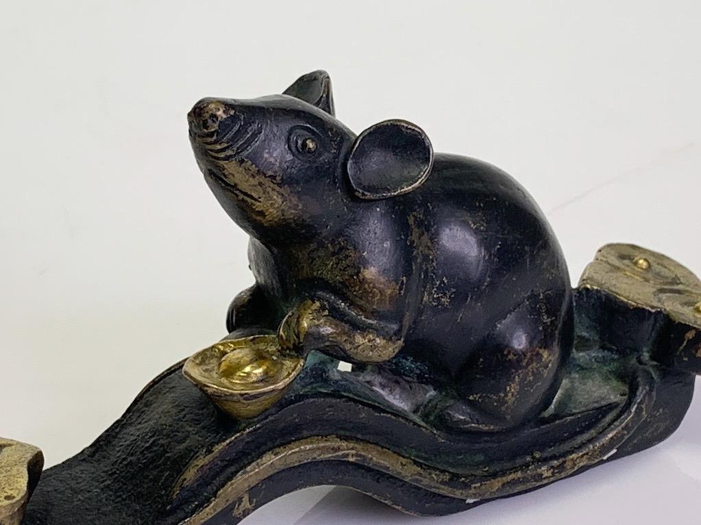 Early 20th Century Antique Chinese Bronze Rat on Ruyi Sceptre With Gold Ingot (Statue)