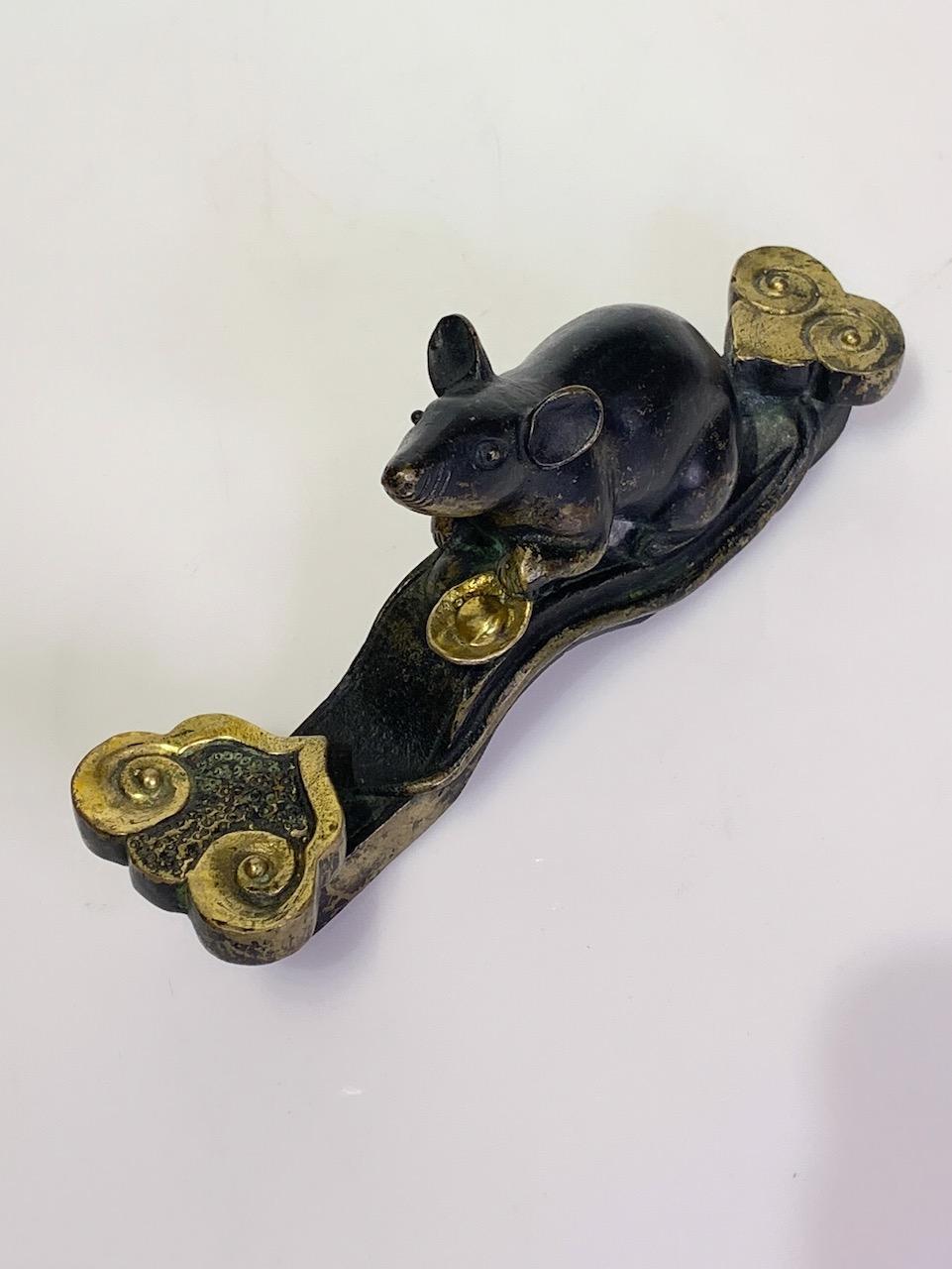 Early 20th Century Antique Chinese Bronze Rat on Ruyi Sceptre With Gold Ingot (Statue)