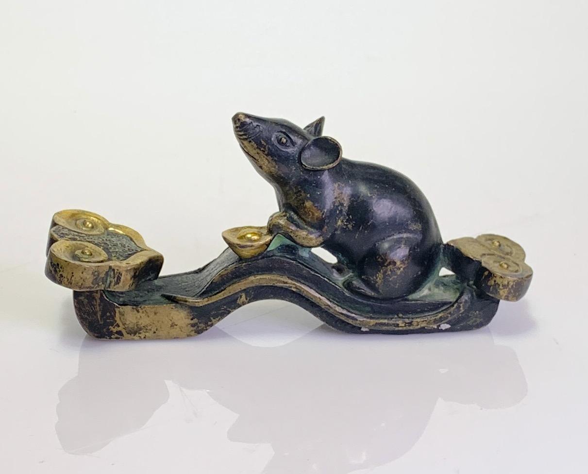 Early 20th Century Antique Chinese Bronze Rat on Ruyi Sceptre With Gold Ingot (Statue)