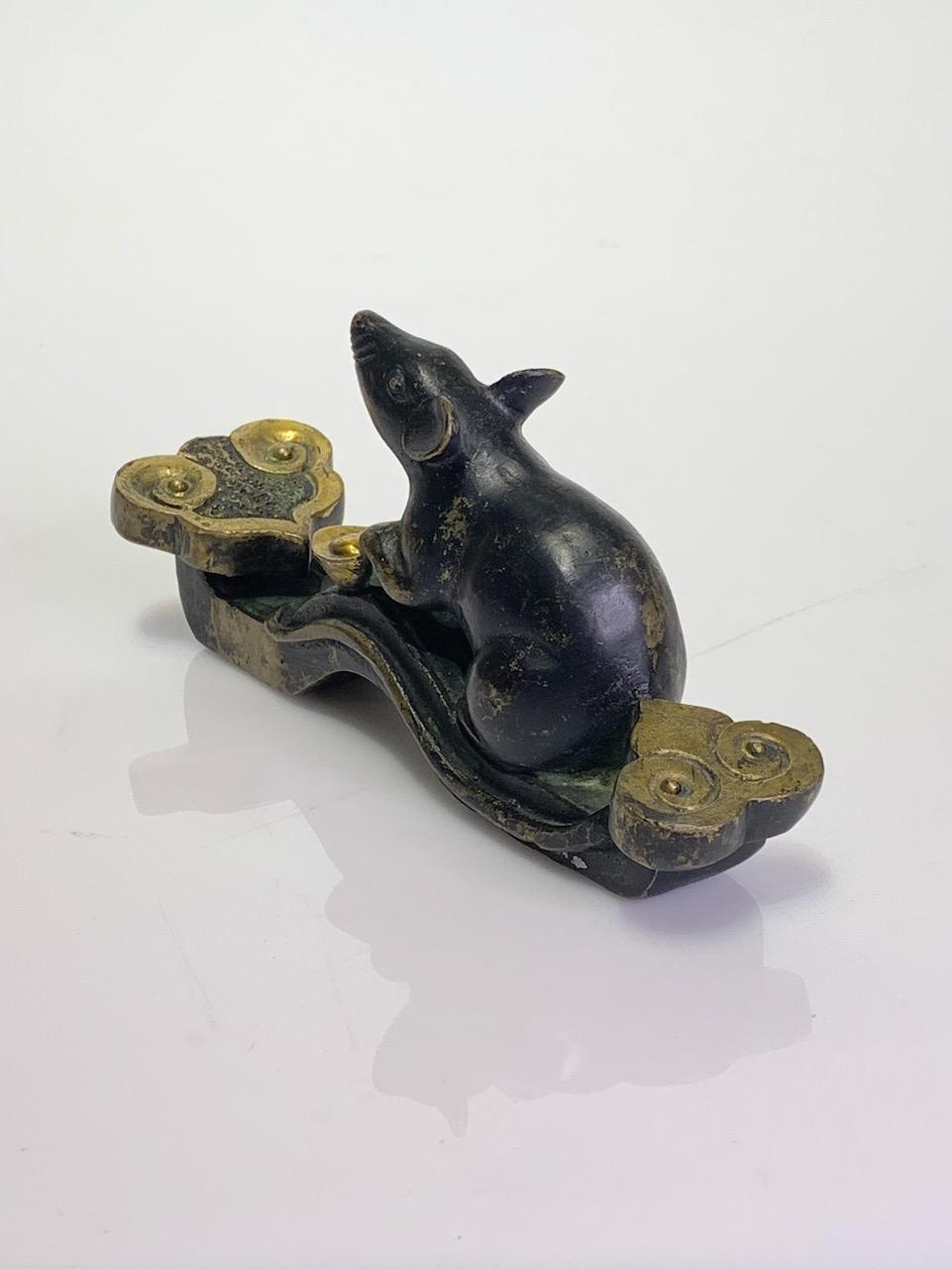 Early 20th Century Antique Chinese Bronze Rat on Ruyi Sceptre With Gold Ingot (Statue)