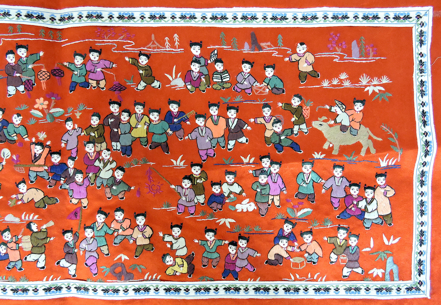 Vintage Embroidered '100 Children at Play' Red Silk Panel Wall Hanging/Table Mat