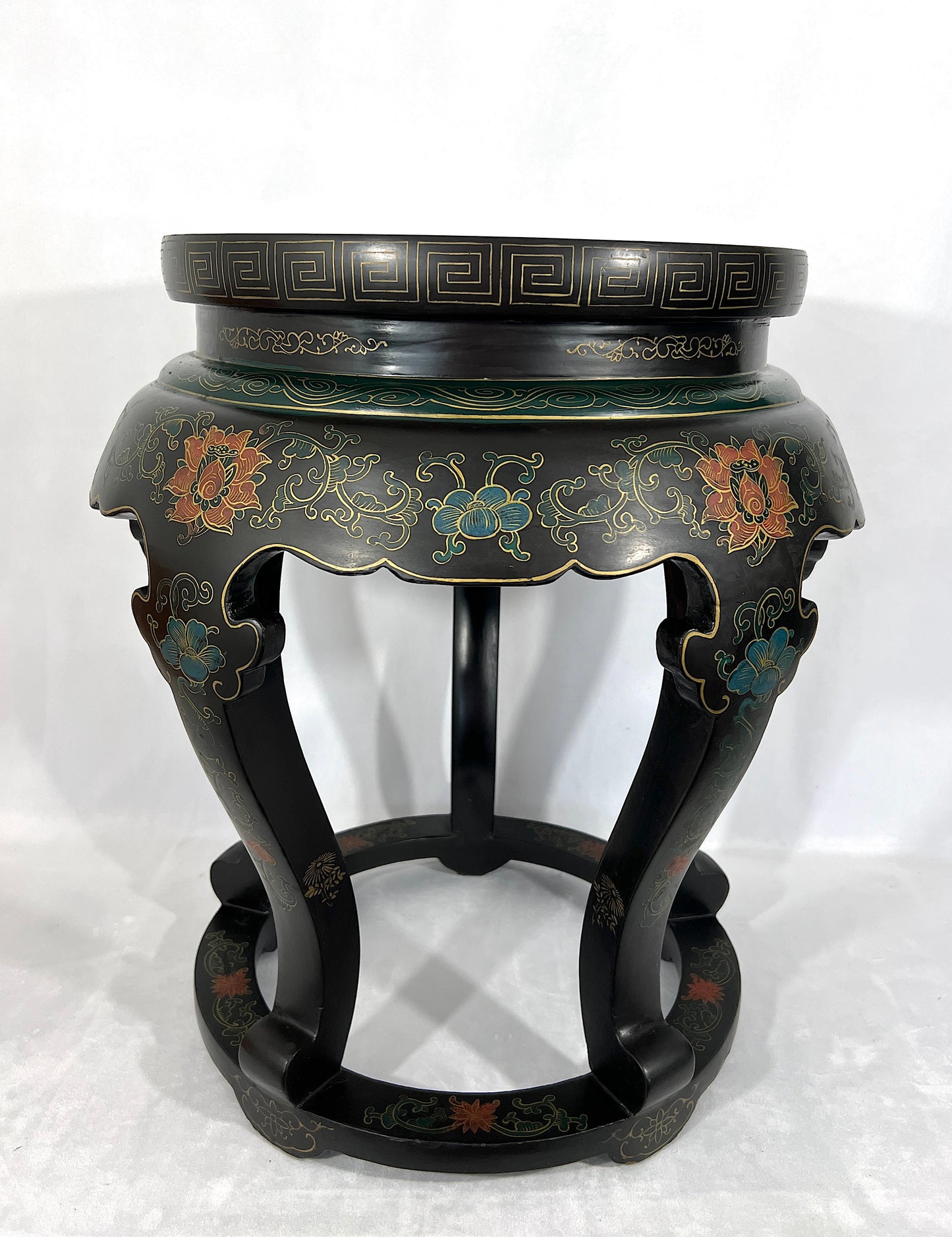 Large Red Crowned Crane Black Lacquer & Blue Cloisonné Chinese Stool or Side Table