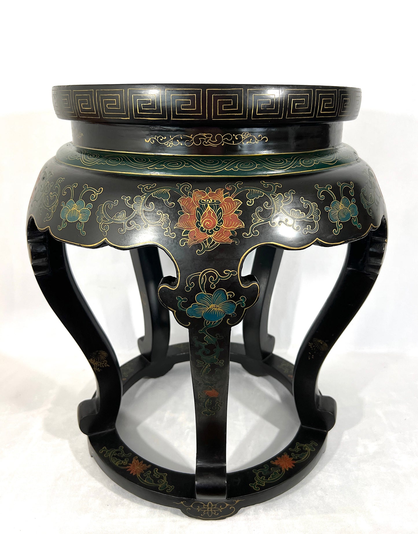 Large Red Crowned Crane Black Lacquer & Blue Cloisonné Chinese Stool or Side Table