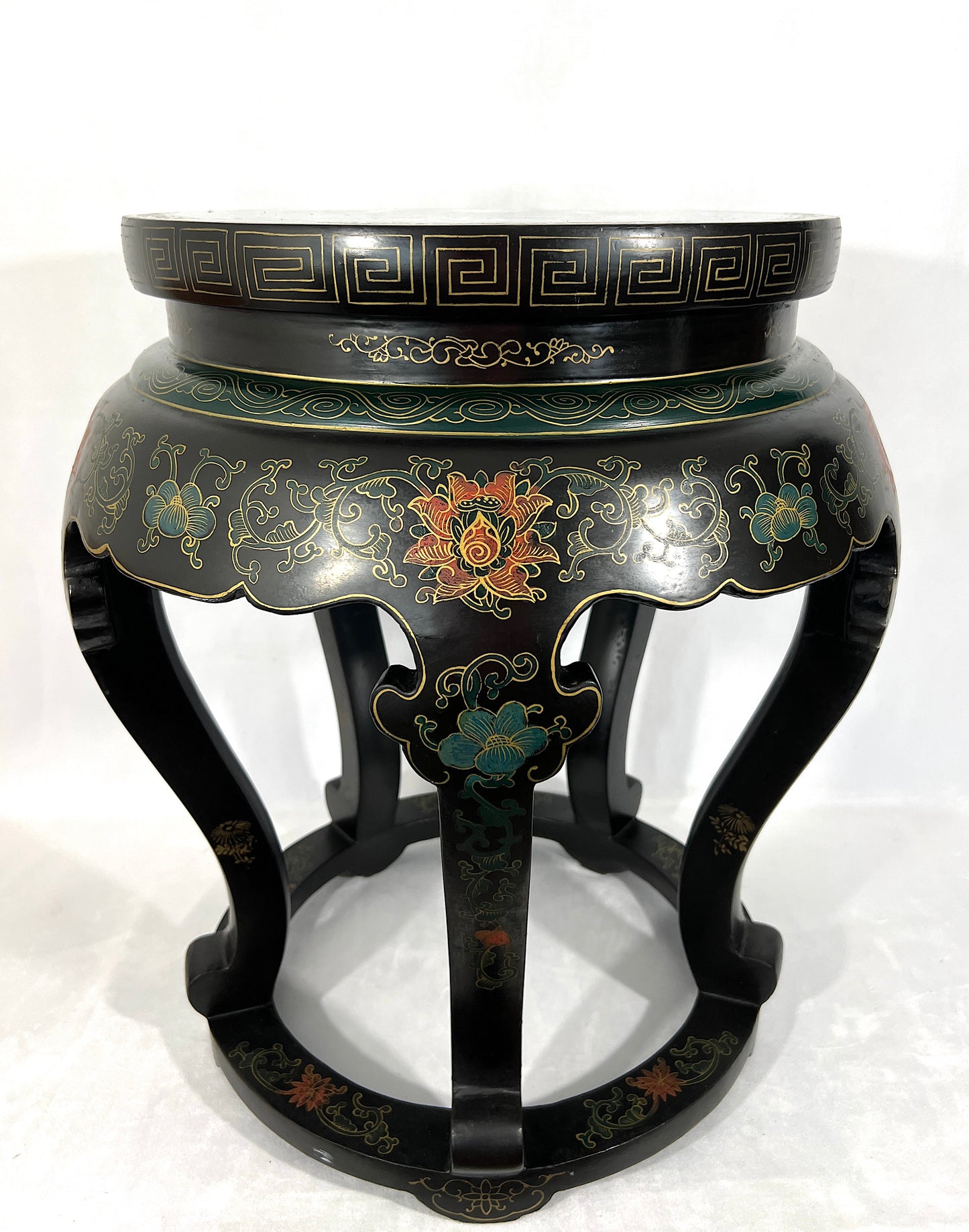 Large Red Crowned Crane Black Lacquer & Blue Cloisonné Chinese Stool or Side Table