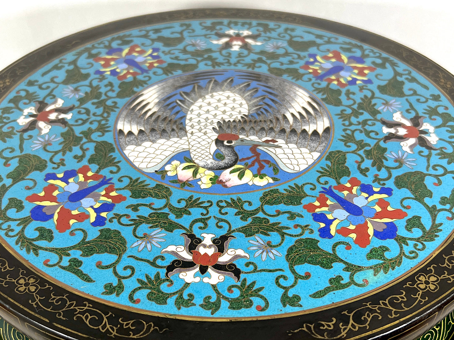 Large Red Crowned Crane Black Lacquer & Blue Cloisonné Chinese Stool or Side Table