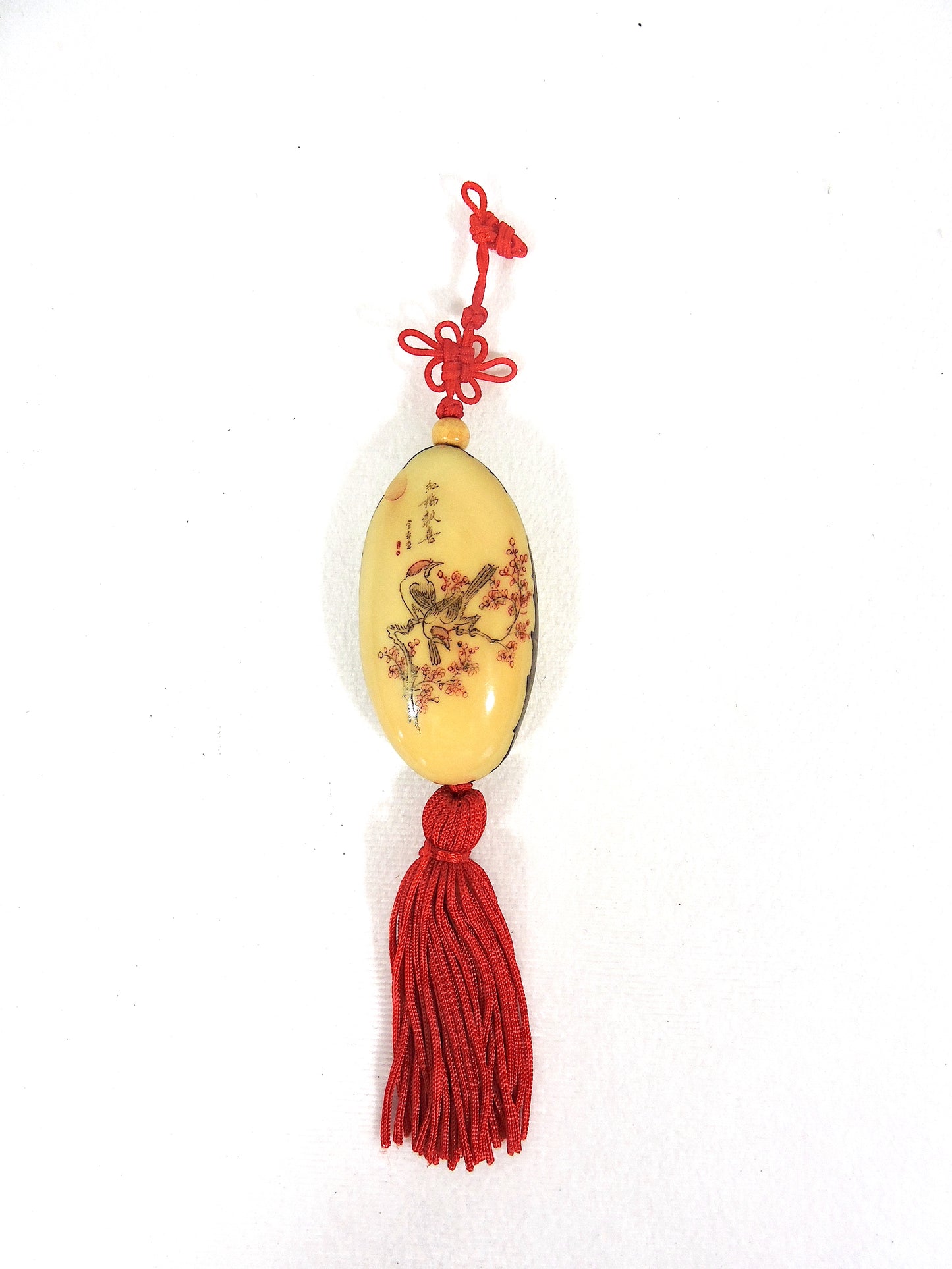 Vintage Chinese Hand Painted Birds in Cherry Blossoms and Calligraphy Netsuke Hanging Fob With Red Tassel