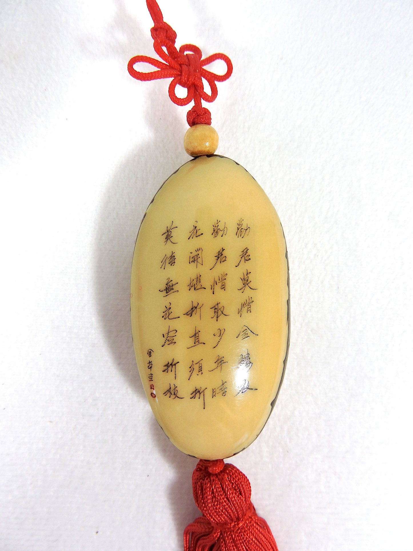 Vintage Chinese Hand Painted Birds in Cherry Blossoms and Calligraphy Netsuke Hanging Fob With Red Tassel