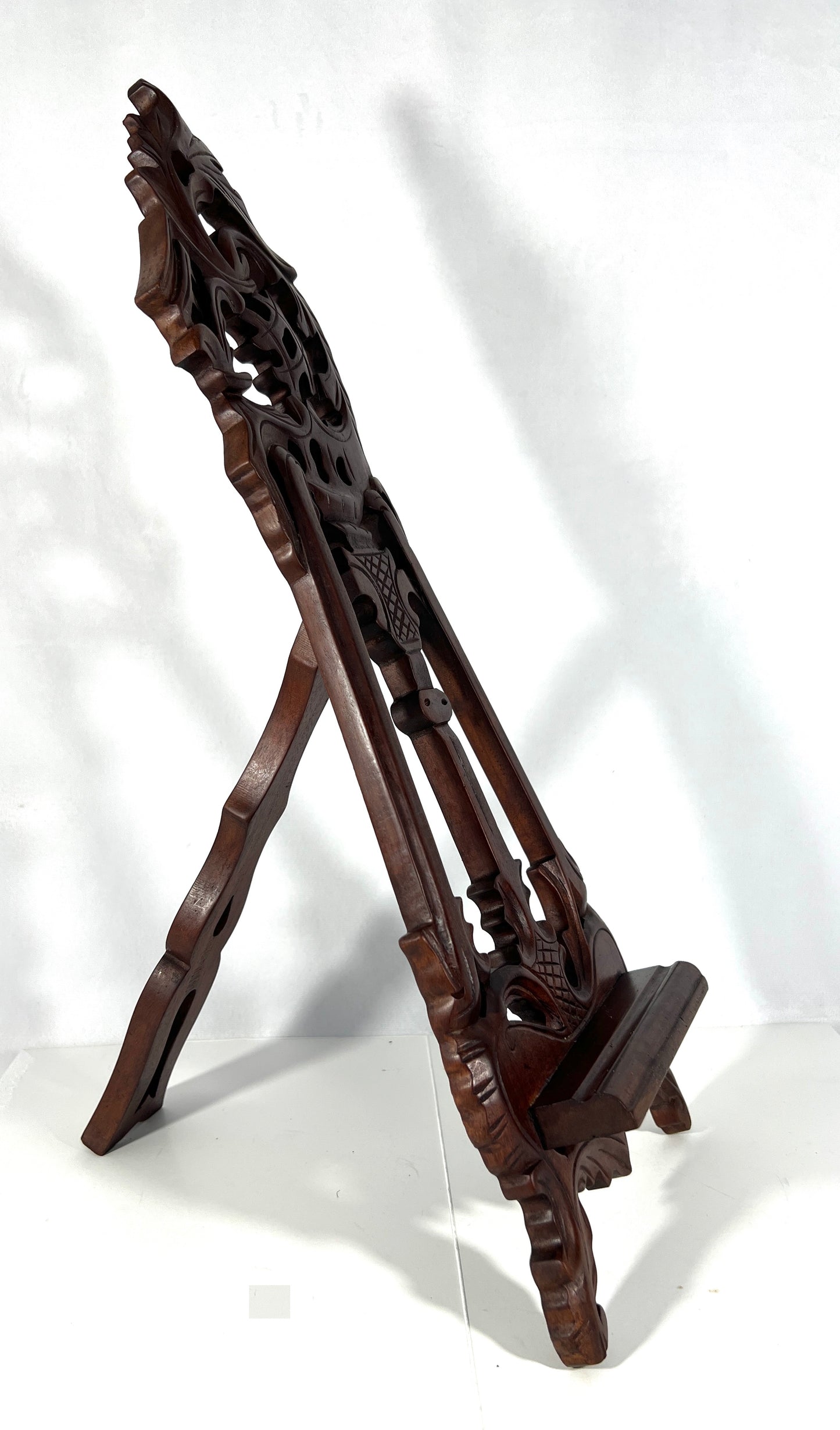 Large Vintage Carved Easel Style Brown Mahogany Rosewood Picture / Photo /Book Display Stand 20"