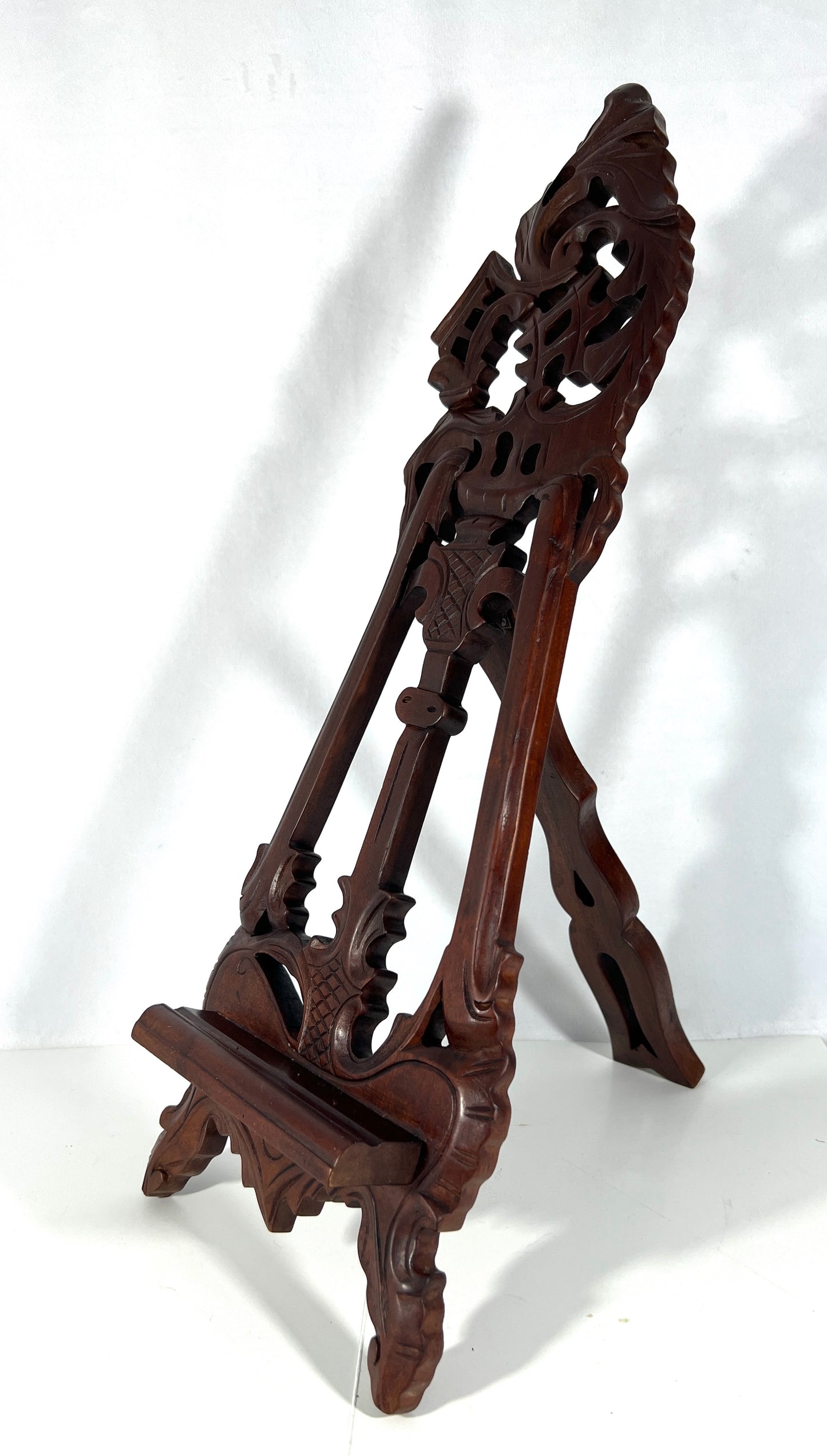 Large Vintage Carved Easel Style Brown Mahogany Rosewood Picture / Photo /Book Display Stand 20"