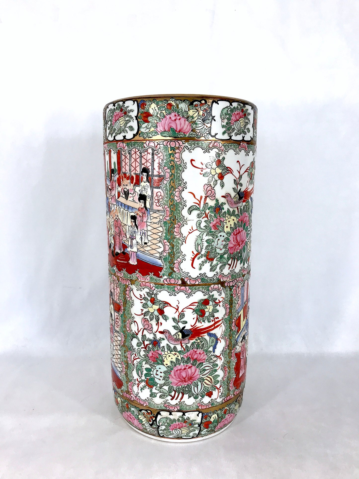 Vintage Chinese Rose Medallion Porcelain Umbrella Stand with Gilt Work, Signed