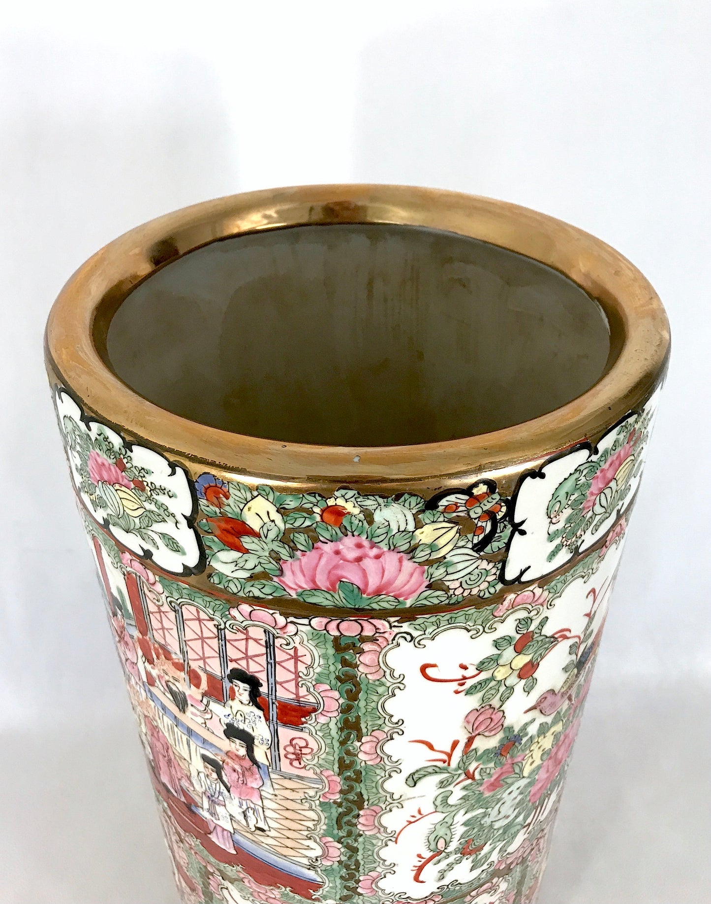 Vintage Chinese Rose Medallion Porcelain Umbrella Stand with Gilt Work, Signed