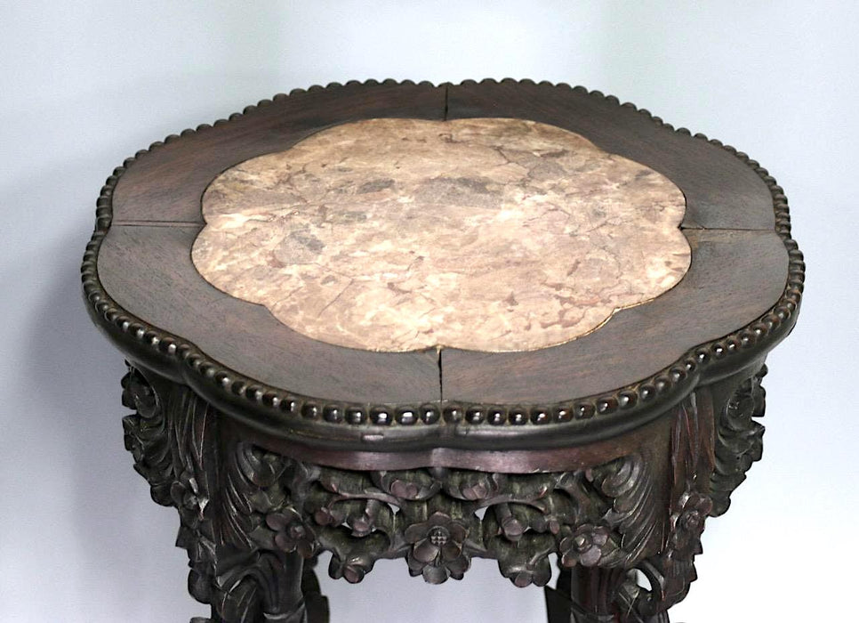 Antique Chinese Cherry Blossom Rosewood Plant Stand, Pedestal With Bamboo Detail & Pink Marble, Late Qing