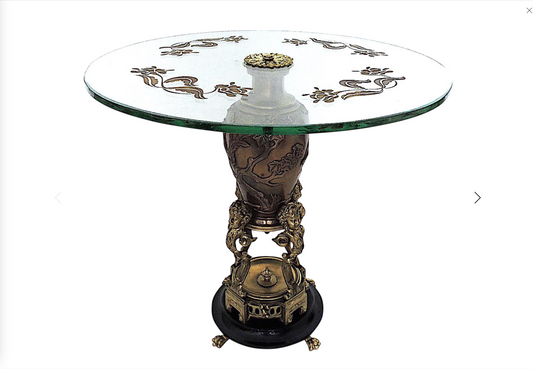 Messenger Phipson Antique Side or Occasional Table, Japanese Bronze Urn With Cherubs, Glass & Gilt Top - London