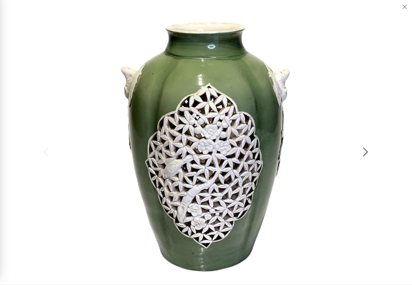 1930's Chinese Republic Period Green & Cream Glazed Vase, Reticulated Prunus Design