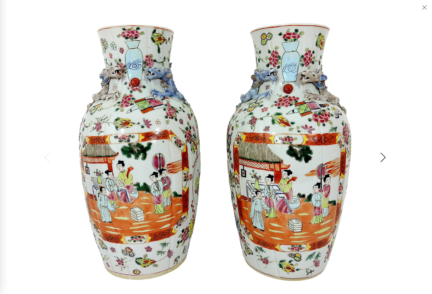 Antique White Porcelain Chinese "Linen Fold" Famille Rose Vases, With Chimera, Republic Period, a Pair