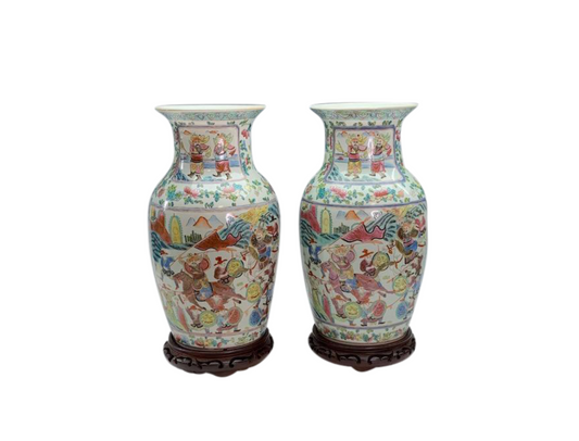 Antique Chinese Famille Rose Vases With Warriors on Stands - a Pair 1875–1908