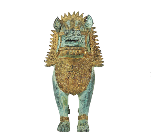 Khymer Singha Gilt and Verdigris Temple Guardian Lion Statue (Thailand)