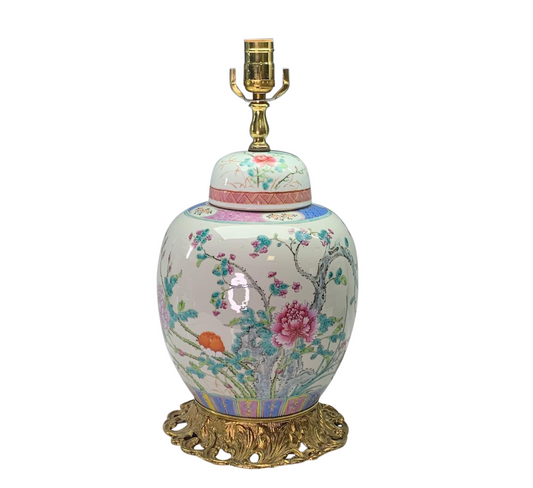 Chinese Republic Period Gilt Mounted Porcelain Ginger Jar Table Lamp With Blossoms and Birds