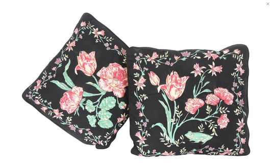 Late 20th Century English Country Cottage Black Pillows With Tulips and Roses - a Pair