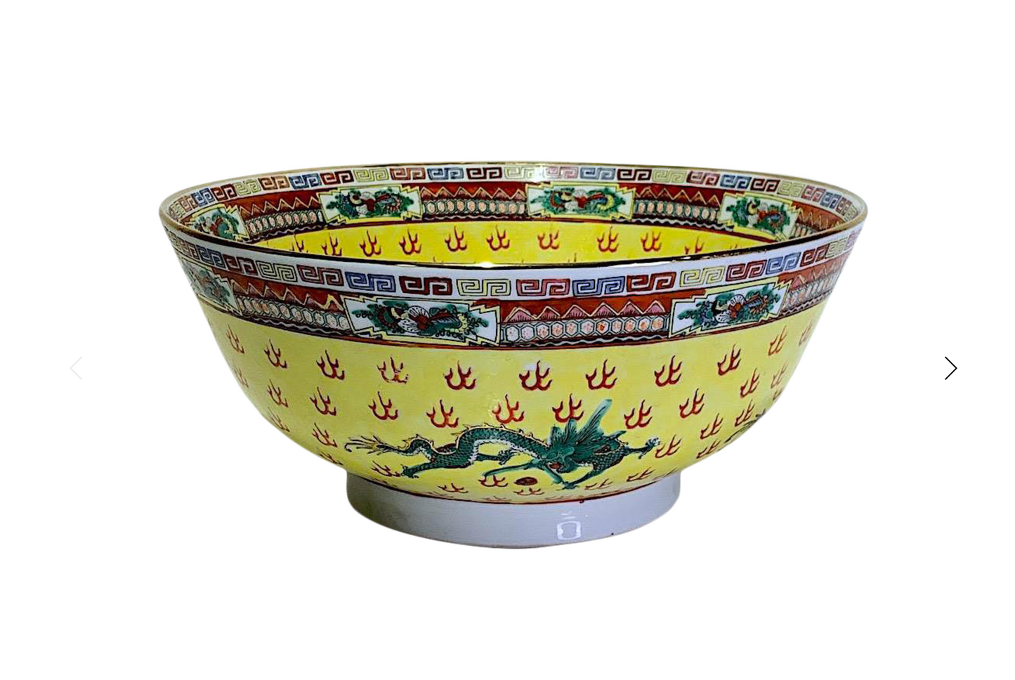 Large Antique Chinese Export Famille Jaune, Yellow Porcelain Bowl With Gilt Work & Green and Blue Flying Dragons