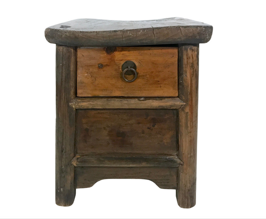 Rustic Chinese Pine & Elm Wood Side Table, Pedestal or Stool With Drawer