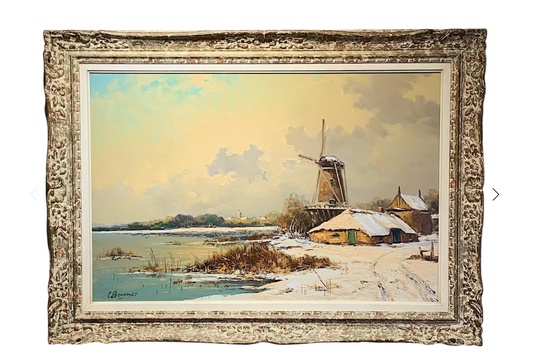 The Dutch Windmill, a Fine Winter Landscape Oil Painting by L. Berends, Framed