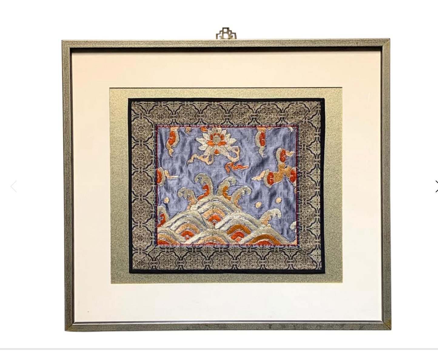 19th Century Framed Qing Dynasty Chinese Embroidery Blue Silk on Silk Panel With Silver Outlining