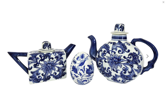 Vintage Chinese Blue & White Porcelain Tea Pot Set- 3 Pieces