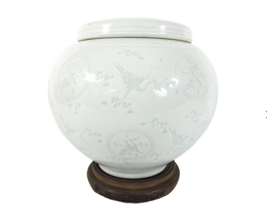 Fine White Celadon Ginger Jar, 1000 Cranes Design, Signed