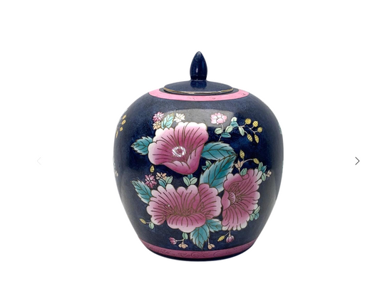 Vintage W B I Chinese Ginger Jar With Pink Floral Bouquets on Blue Ground