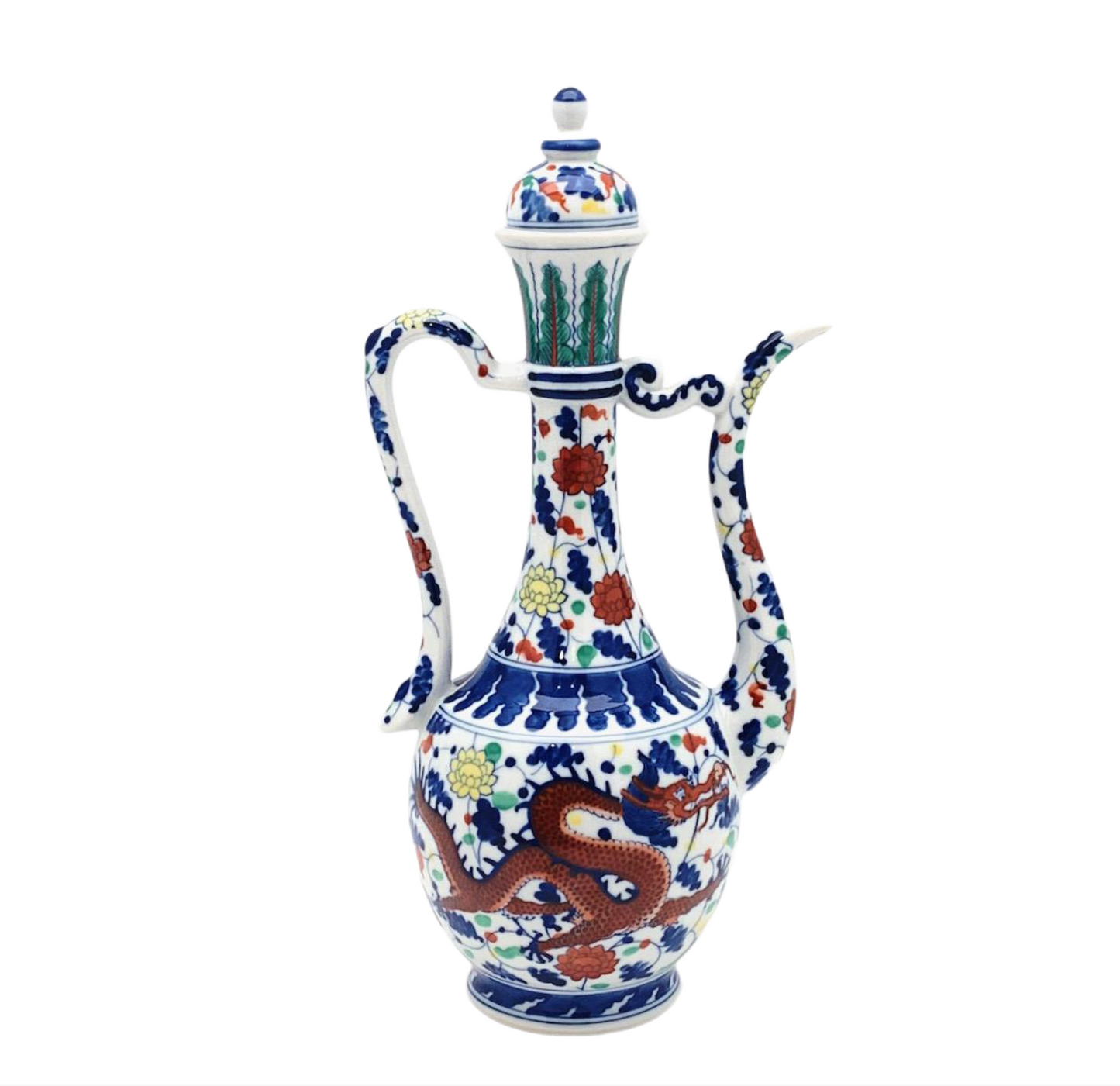 1950's Blue and White Chinese Porcelain Doucai Ewer / Pitcher With Dragons, Qianlong Mark