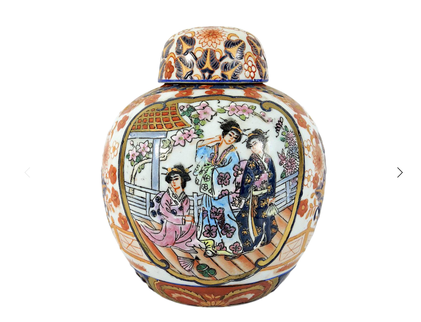 Vintage Chinese 'Satsuma Style' Figural Ginger Jar with Gilt, Ladies in the Garden Pavillion