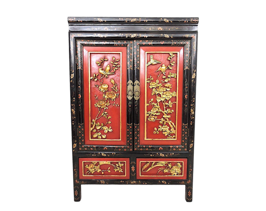 1980's Chinese Cherry Blossom Red and Gold Carved Multi Panel Wood Cabinet or Cupboard