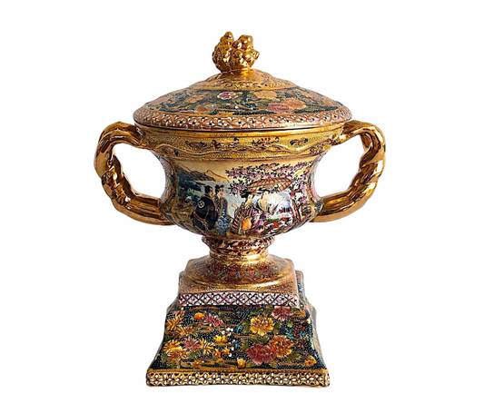 Large Mid 20th Century Gold Embellished Chinese Satsuma Covered Urn or Centre Piece