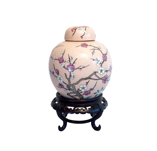 Vintage Chinese Peach Glazed Ginger Jar With Cherry Blossoms & Rosewood Stand