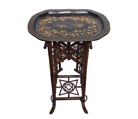 Fine Chinoiserie / Aesthetic Movement Bamboo Tray Table With Black Lacquer & Gold Scenic Tray