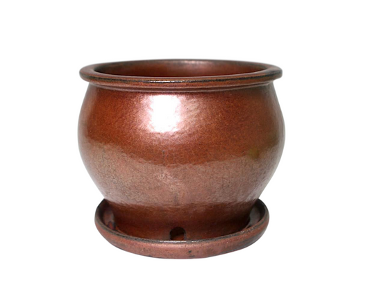 Vintage Asian Monochrome Earthenware Planter With Red Copper Glaze