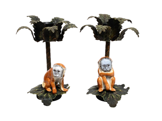 Vintage Palm Tree Candle Holders With Porcelain Hand Painted Monkeys, a Pair