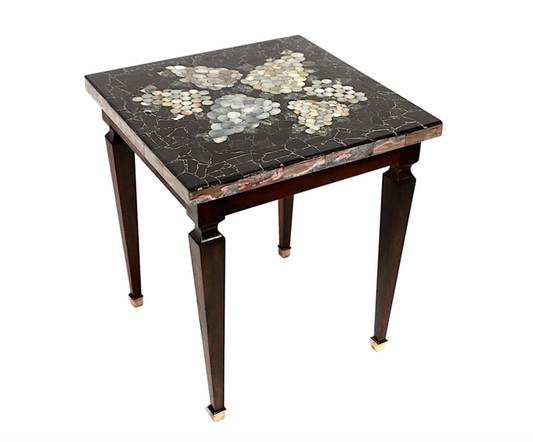 Vintage Black Pietra Dura Italian Marble Side or Drinks Table With Grapes on Custom Rosewood Base